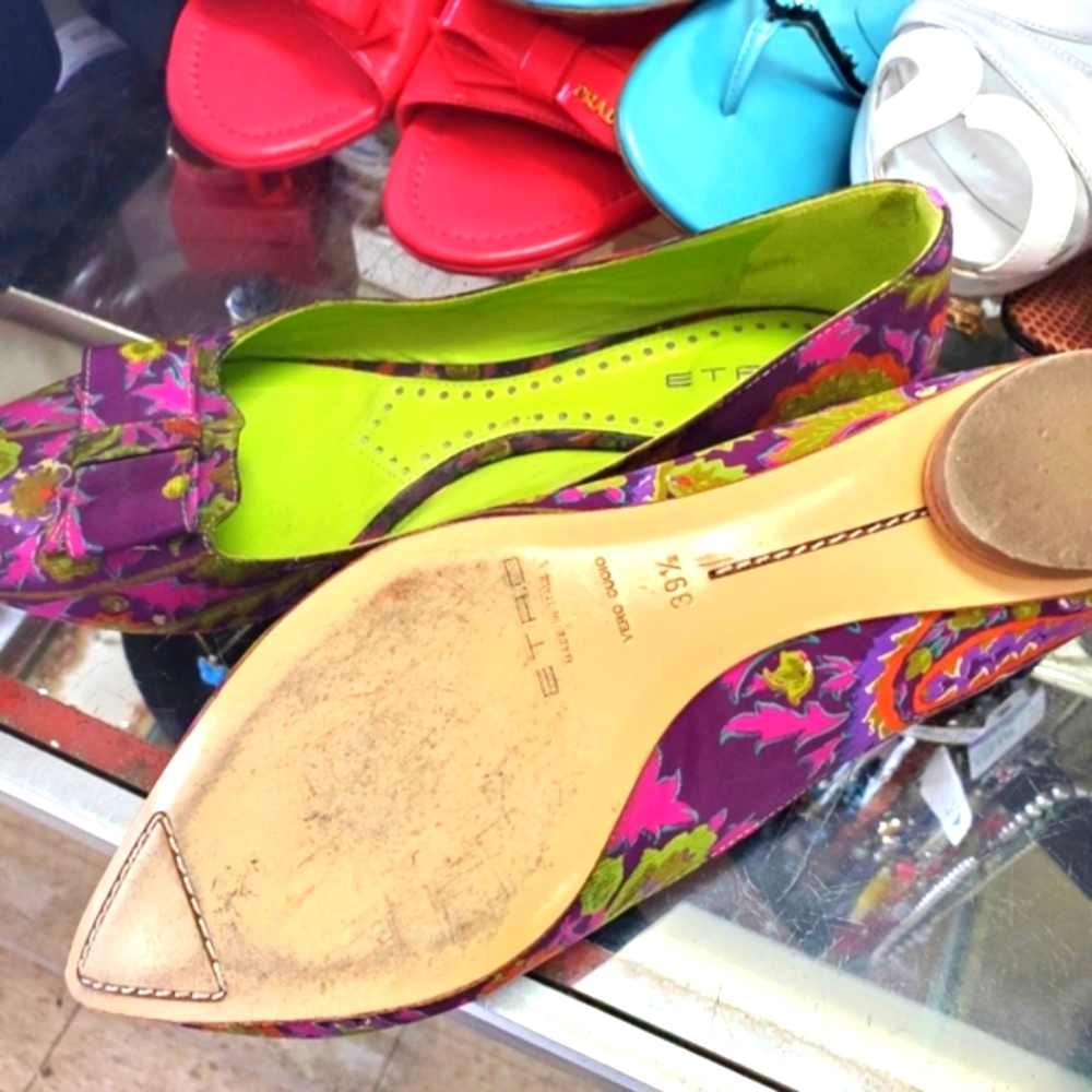 ETRO-size39 1/2-flat shoes-Leather/fabric- Lilac multi paisley print-bow accent - Picture 3 of 8
